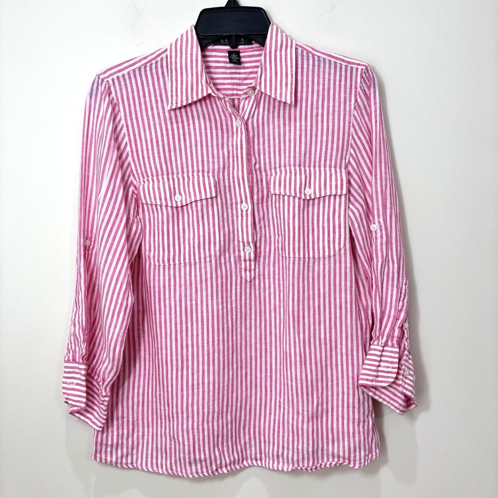 Ralph Lauren 100% Linen Henley Shirt Women S Striped Pink White Preppy Luxury